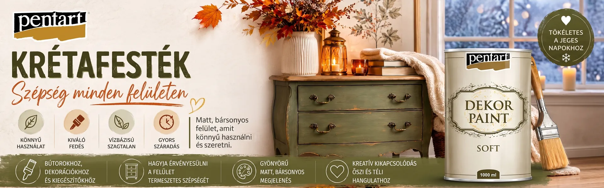 Pentart krétafesték őszi-téli hangulatú bútorfelújításhoz, vintage dekorációkhoz és kreatív DIY projektekhez