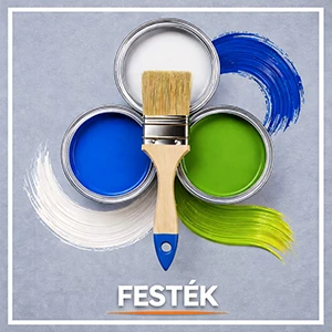 Festék kategóriakép ecsettel és kék, fehér, zöld festékes dobozokkal – beltéri és kültéri festékek, falfestékek, alapozók és bevonatok