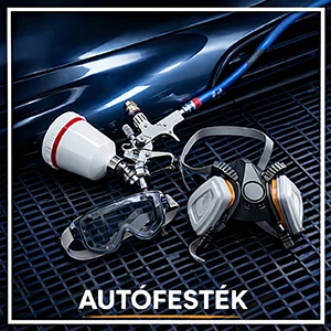 Autófesték kategóriakép szórópisztollyal, védőszemüveggel és légzésvédő maszkkal – autófestékek, javítófestékek, lakkok és fényezési kellékek autófényezéshez