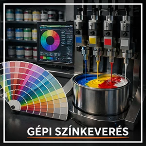 Gépi színkeverés kategóriakép színkártyával és automata festékkeverő géppel – egyedi festékszínek, komputeres színkeverés és professzionális színazonosítás festékekhez