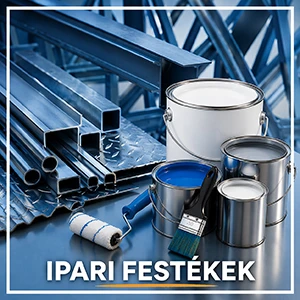 Ipari festékek kategóriakép fémfelületekkel, festékesdobozokkal, ecsettel és hengerrel – ipari bevonatok, fémfestékek, korrózióvédelem és professzionális felületkezelő anyagokhoz