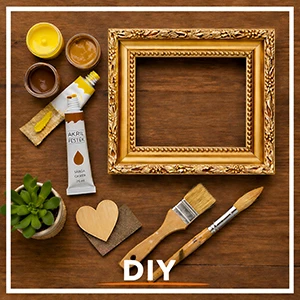 DIY kategóriakép festékekkel, ecsetekkel és díszkerettel – hobbi festékek, kreatív dekorációs anyagok és barkács kellékek otthoni alkotó projektekhez