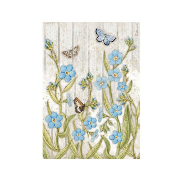 Dekupázs rizspapír - Romantic Garden House kék virágok és lepkék - A4