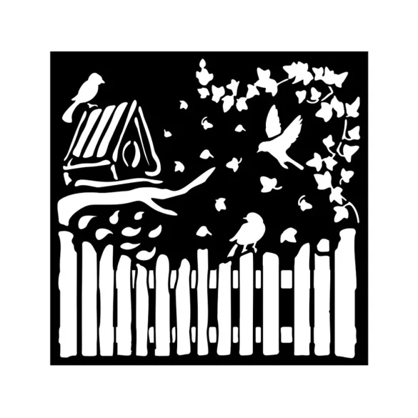 Vastag stencil 18 X 18 cm - House of Roses fence and birds