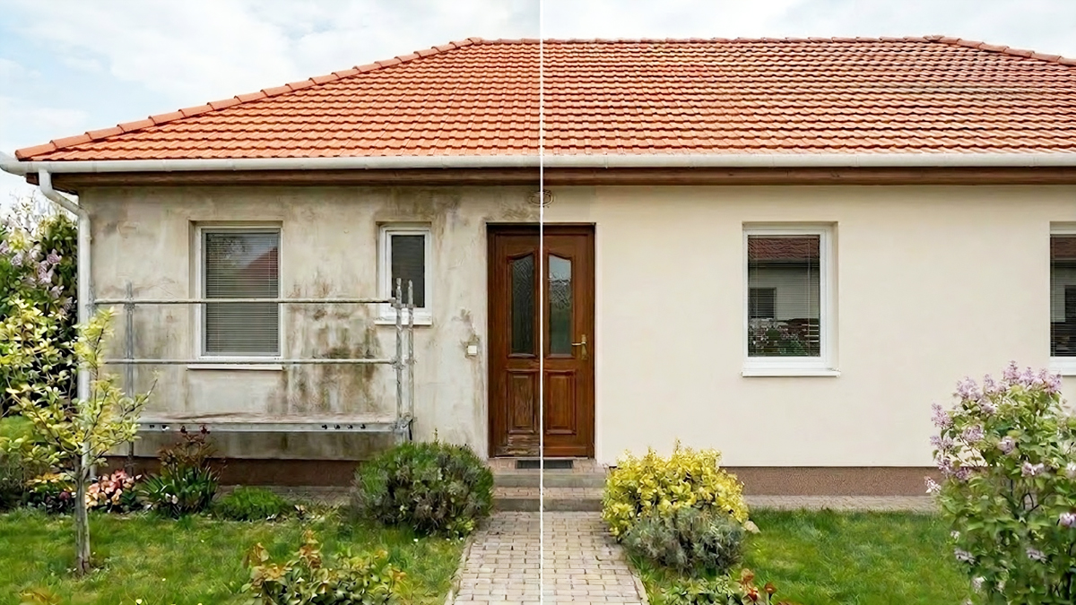 Nedves fal és megfelelően előkészített homlokzat kültéri festés előtt