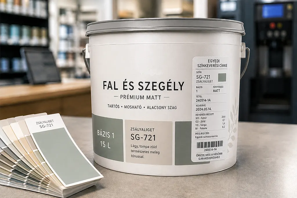 Gépi színkeveréssel készült festék címkéje színkóddal