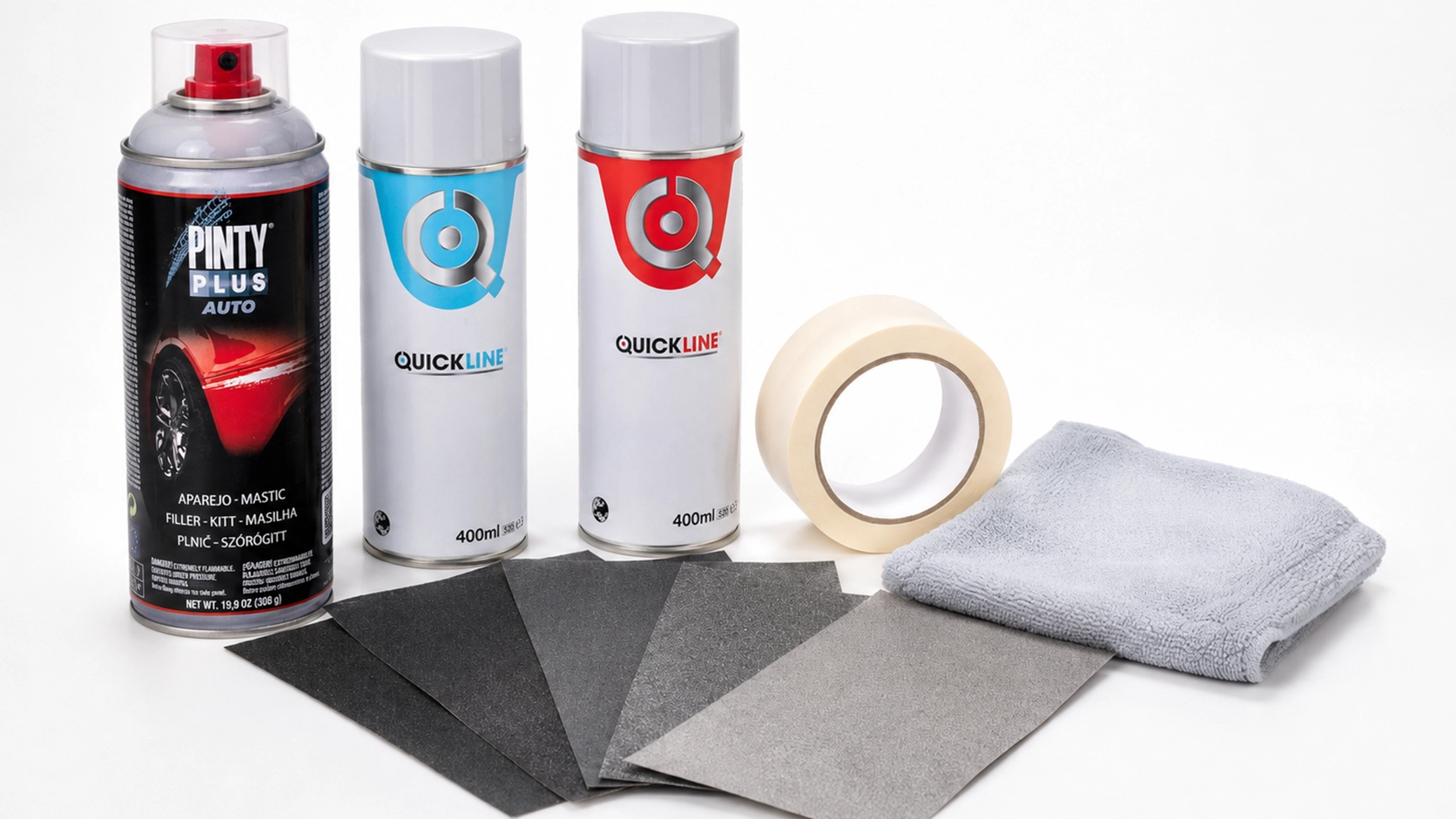 Autófesték spray javítócsomag 2K lakkal csiszolópapírral és maszkolószalaggal