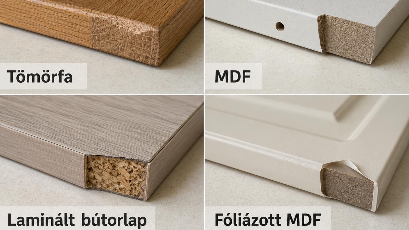Fa, MDF, laminált és fóliázott konyhabútor-frontok összehasonlítása